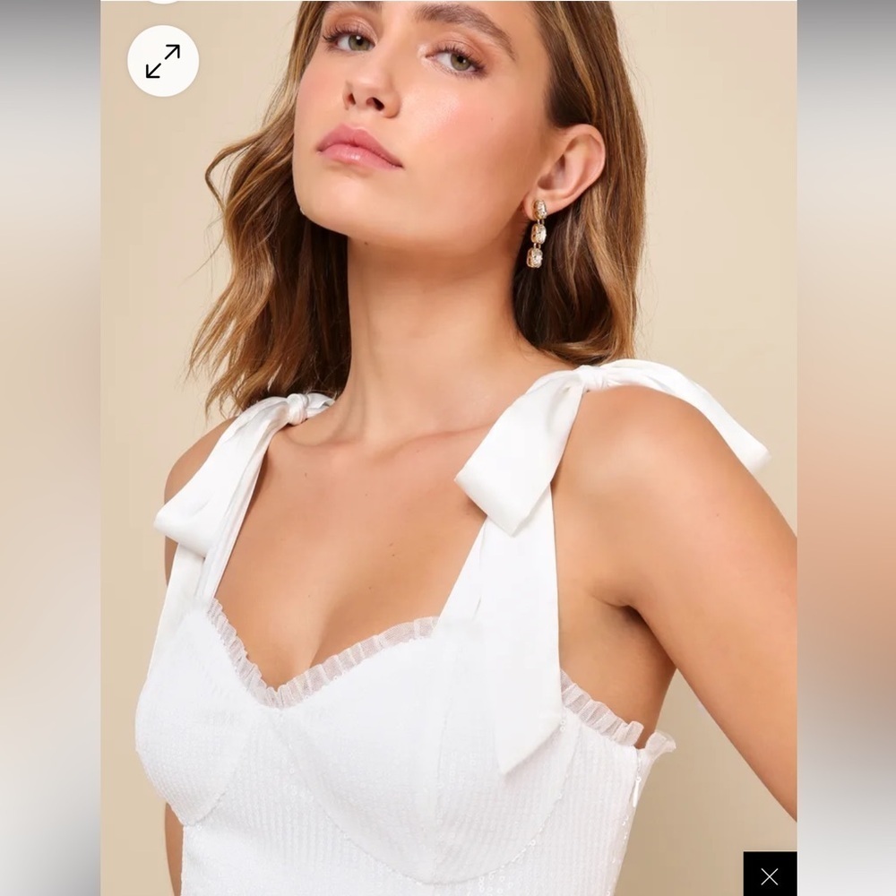 Lulus glowing white sequin bustier tie strap mini dress - Picture 3 of 13
